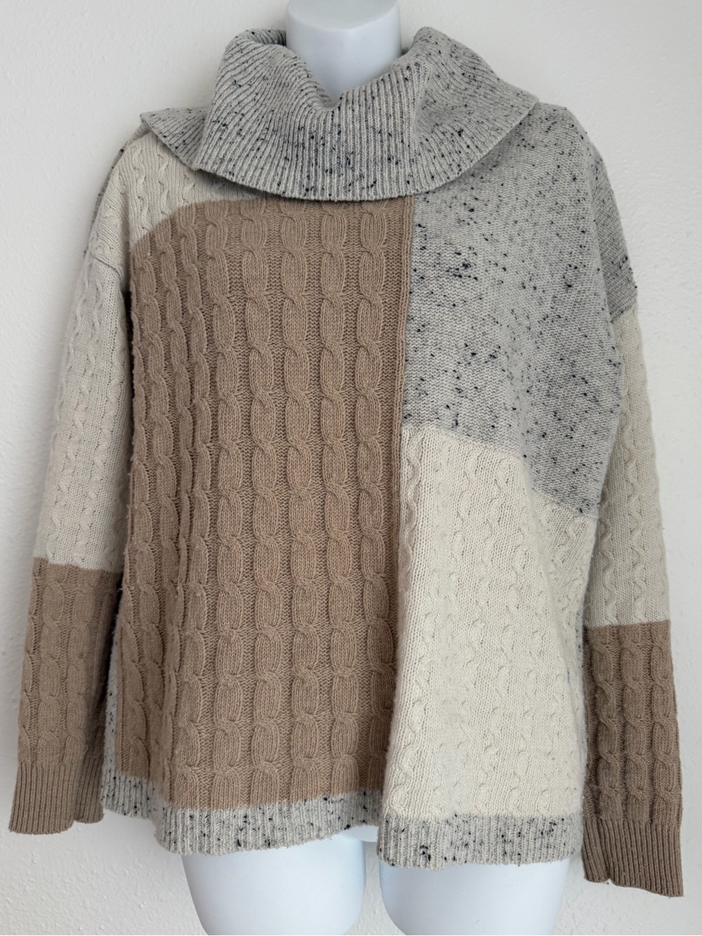 Hem & Thread Neutral Colorblock Cowlneck Sweater - Cream, Tan & Light Gray